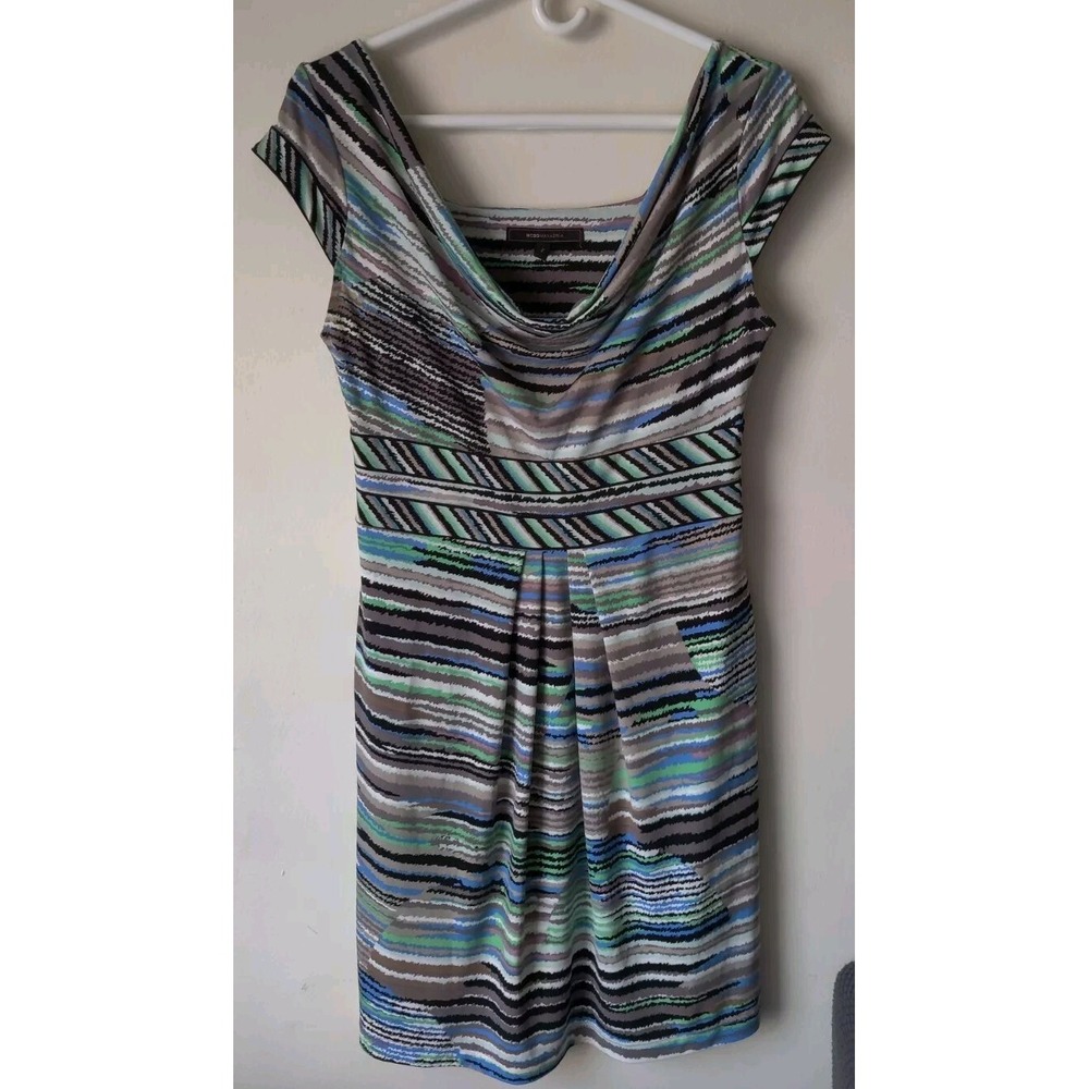 BCBGMaxAzria Dress Multi Color Striped Cap Sleeve Pockets Knee Length Size Small